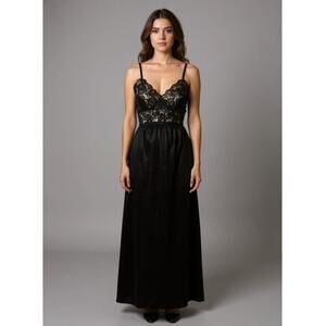 Henson Kickernick Negligee Gown Peignoir Womens 32 Black Long Lace Made USA